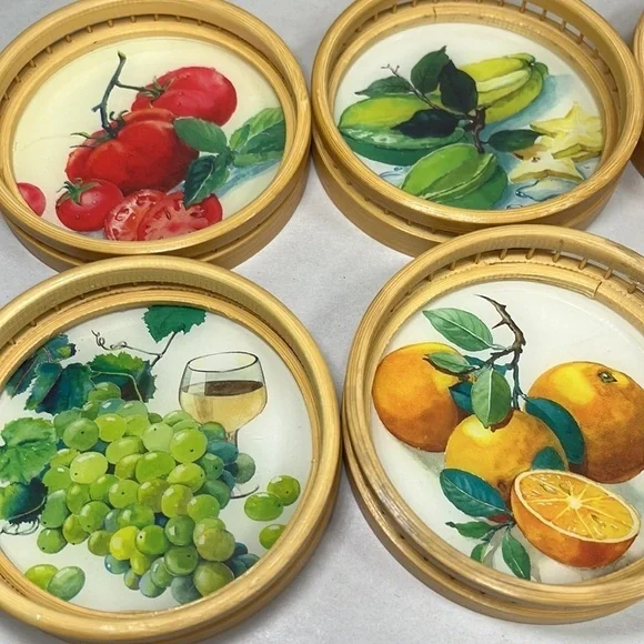 Vintage Bamboo Ratan 7-Piece Coaster Set in Stand Round Fruit‎ Decor Bohemian - Picture 8 of 11
